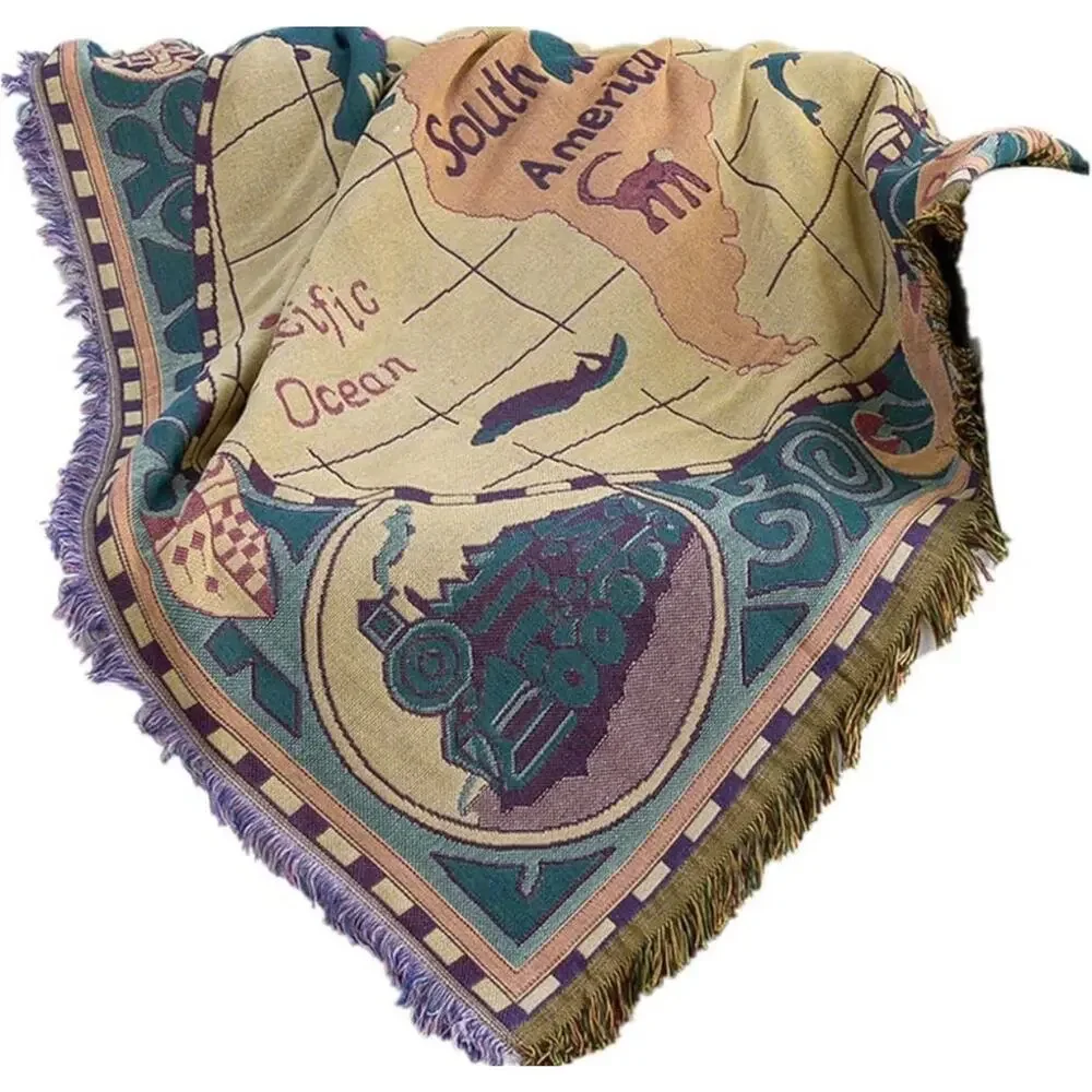 World Map Throw Blanket Wall Tapestry 3 Layers Cotton Woven Sofa Blanket 70x51”